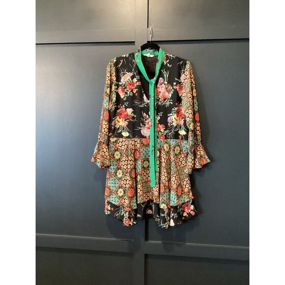 BUFFALO David Bitton tamed Floral Dress Flutter Long Sleeve Neck Tie Mini Dress - Picture 3 of 11